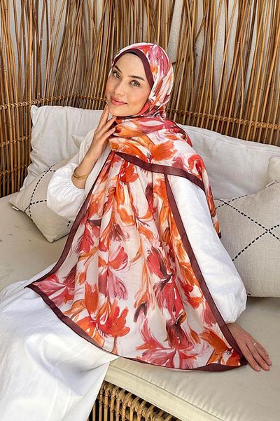 lamelif Flower Pattern Soft Shawl Red