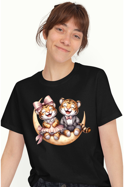 StoryGift Romania Tricou Femei cu 2 tigri care rad, ilustratie, se amuza, pri...