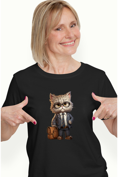 StoryGift Romania Tricou Femei cu un motan la costum, ilustratie, servieta, o...