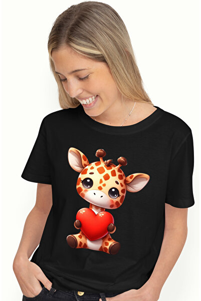 StoryGift Romania Tricou Femei cu un pui de girafa, ilustratie, tine o inimio...
