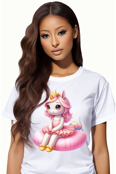 StoryGift Romania Tricou Femei cu un unicorn care sta pe o perna gonflabila, ilustratie, imbujorat WHT_L