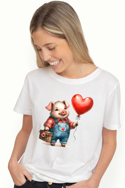 StoryGift Romania Tricou Femei cu un porc, ilustratie, balon in forma de inima, floricica cu impri WHT_L