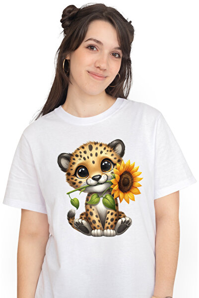 StoryGift Romania Tricou Femei cu un pui de ghepard care tine o floare, ilust...