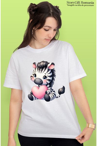 StoryGift Romania Women's T-shirt with a zebra holding a heart in its arms, illustration, love, affection WHT_XS