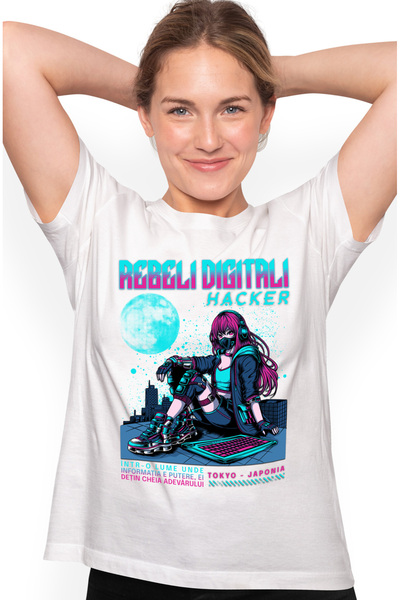 StoryGift Romania Tricou Femei Fata pe cladire luna Rebeli digitali. Hacker cu imprimeu pe Fata, 1 WHT_XS