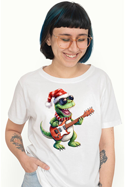 StoryGift Romania Tricou Femei cu un dinozaur verde, T-Rex, canta la chitara, caciula, talent, ins WHT_XL