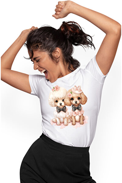 StoryGift Romania Tricou Femei cu o catelusa si un catel, ilustratie, flori, ...