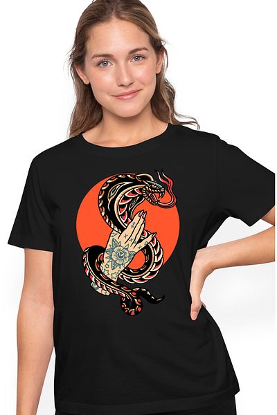 StoryGift Romania Tricou Femei Cu Sarpe, Cobra, Cerc, Mana, Tatuaje, Floare, Stele, Multicolor cu BLK_L