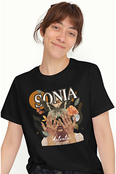 StoryGift Romania Tricou Femei Cu Numele Sonia, Colaj Fata, Fluture, Flori, C...