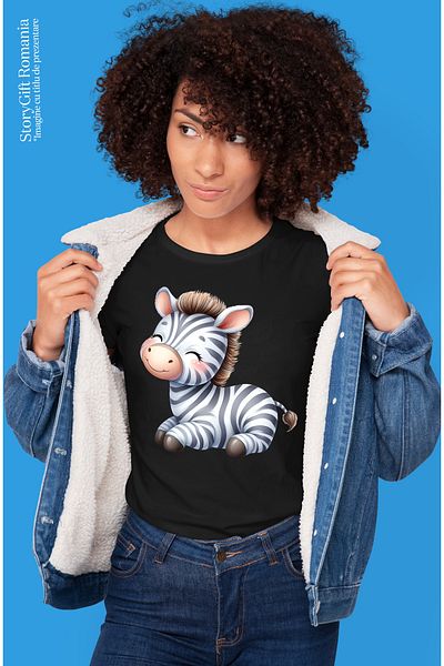 StoryGift Romania Women's T-shirt with a happy zebra, illustration, be good, nature, jungle, free BLK_L
