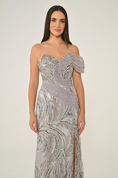 ALFABETA Alpha Beta One Off Shoulder Side Slit Sequin Long Evening Dress