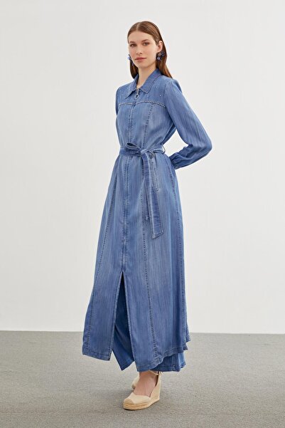 Zühre Denim Fermuar Kapamalı Mavi Pardesü 13509