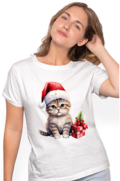 StoryGift Romania Tricou Femei cu o pisicuta care poarta o caciula de Craciun...