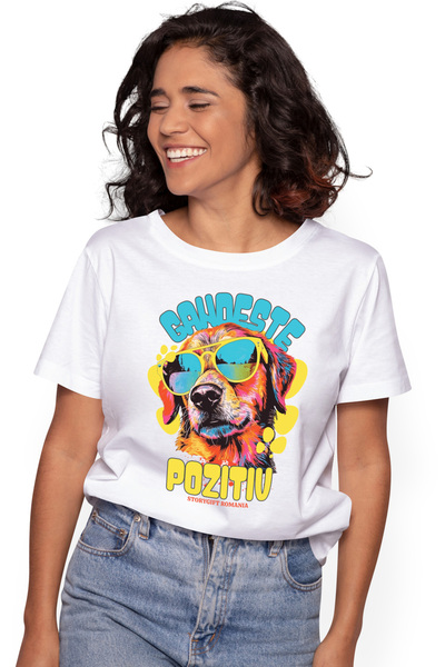 StoryGift Romania Tricou Femei Caine cu ochelari text gandeste pozitiv cu imp...