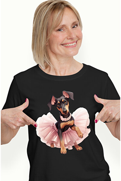 StoryGift Romania Tricou Femei cu Doberman in fusta de balerina, caine, animal de companie, ilustr BLK_XS
