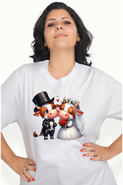 StoryGift Romania Tricou Femei cu o vacuta si un taur la nunta, ilustratie, casatorie, trandafir, WHT_XL