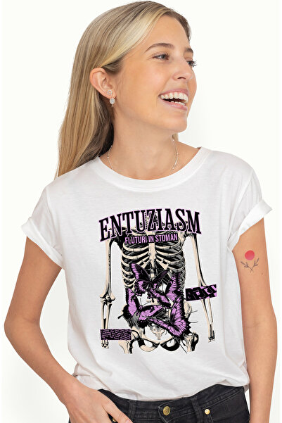 StoryGift Romania Tricou Femei Entuziasm - Fluturi in Stomac, Schelet, cu imp...