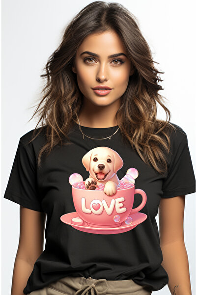 StoryGift Romania Tricou Femei cu un catel Golden Retriever, ilustratie, sta intr-o ceasca cu mesa BLK_M