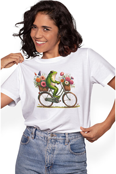 StoryGift Romania Tricou Femei cu o broasca, ilustratie, merge cu bicicleta, plimbare, cosulete cu WHT_XL