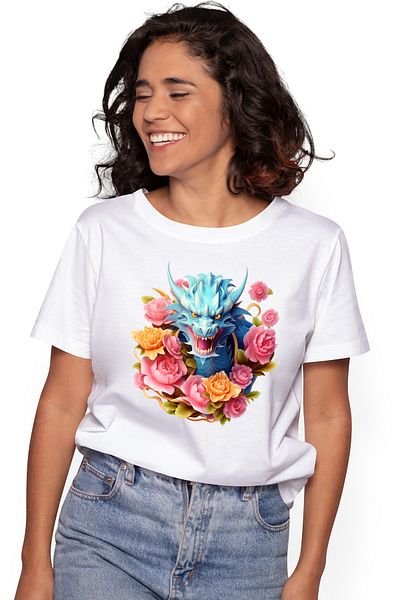 StoryGift Romania Tricou Femei cu un dragon furios, anul dragonului, China, ilustratie, floricele, WHT_M