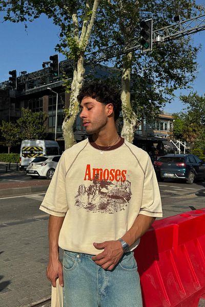 Flaw Wear Amoses Printed Beige Oversize T-Shirt