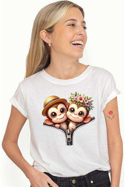 StoryGift Romania Tricou Femei cu 2 maimute, ilustratie, inghesuite, fermoar,...