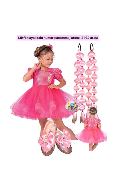 3b kids Ροζ φόρεμα πριγκίπισσας με παγιέτες + ροζ 2 τεμάχια μαλλιά με φούσκα + ροζ κορδέλα μπαλαρίνα σετ γενεθλίων
