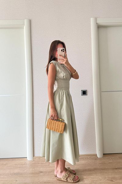 FMN Collection Drape Wide Bell Skirt Waist Gather Design Short Sleeve Waist Fitting Pin-Ter Stylish Equivalent Midi Dress