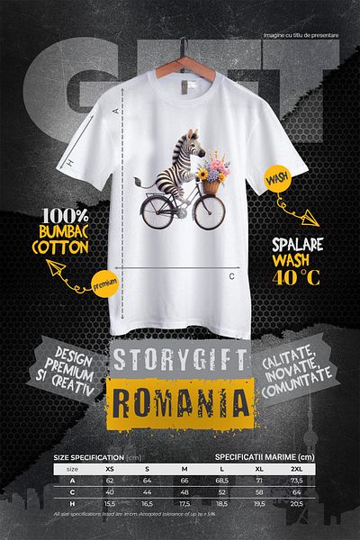 StoryGift Romania Women's T-shirt with a zebra riding a bicycle, illustration, basket with flowers, p WHT_XS