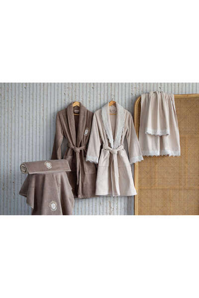 Dantela Marıa 6'lı Gipürlü Pamuk Bornoz Seti - Bej/Kahve