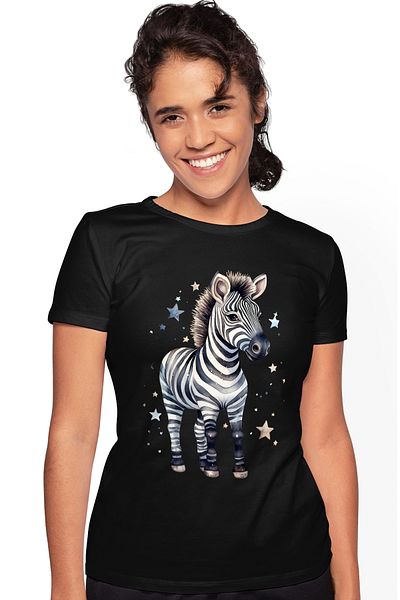 StoryGift Romania Women's T-shirt with a zebra, illustration, cheerful, stars, wild animal, night, p BLK_XS