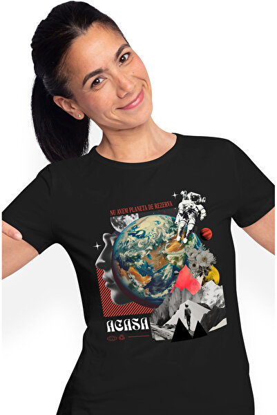 StoryGift Romania Tricou Femei nu avem planeta de reverva pamanant poluare cu imprimeu pe Fata, 10 BLK_M