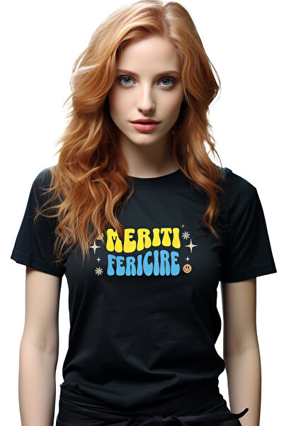 StoryGift Romania Tricou Femei Meriti Fericire, cu imprimeu pe Fata, 100% Bum...