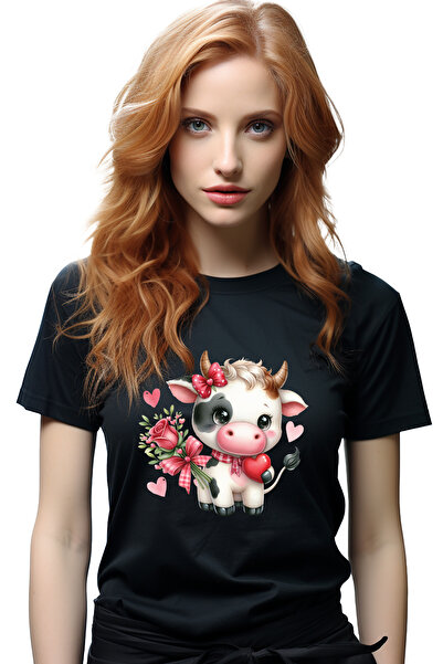 StoryGift Romania Tricou Femei cu o vacuta fericita care tine o inima, ilustr...