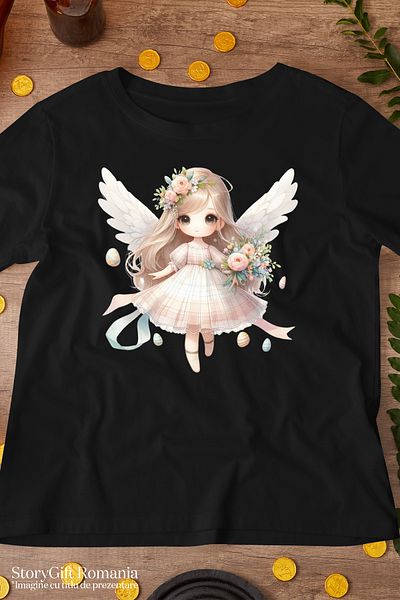 StoryGift Romania Tricou Femei cu o fetita cu aripi de ingeras, ilustratie, floricele, buchet, oua BLK_L