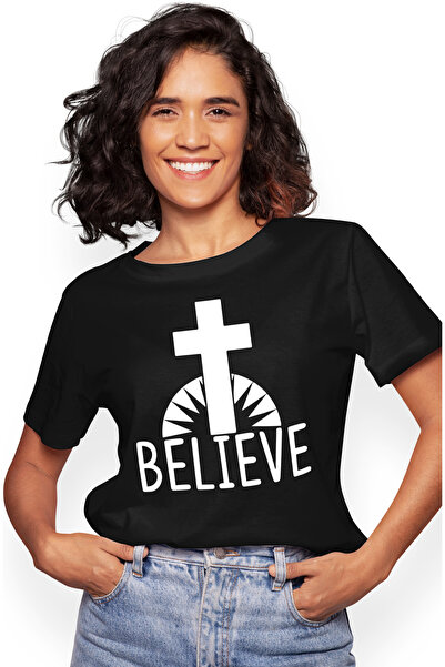 StoryGift Romania Tricou Femei cu o cruce si textul in engleza "Believe" - cr...