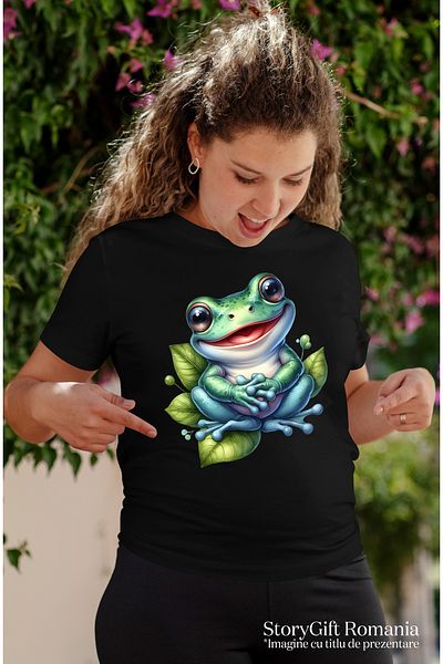 StoryGift Romania Women's T-shirt with a happy frog, illustration, leaves, water, lake, puddle, happiness, BLK_L
