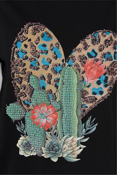 FEMELLE Women's Black V-Neck Large Size Cactus Sequin Sequin Embroidered 100% Cotton Large Size T-Shirt