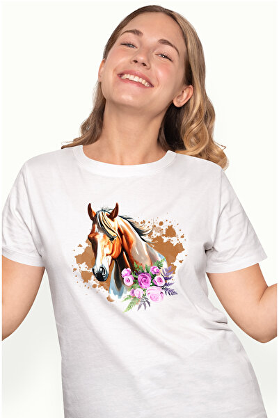 StoryGift Romania Tricou Femei cu un cal si cu flori roz, echitatie, calarit,...