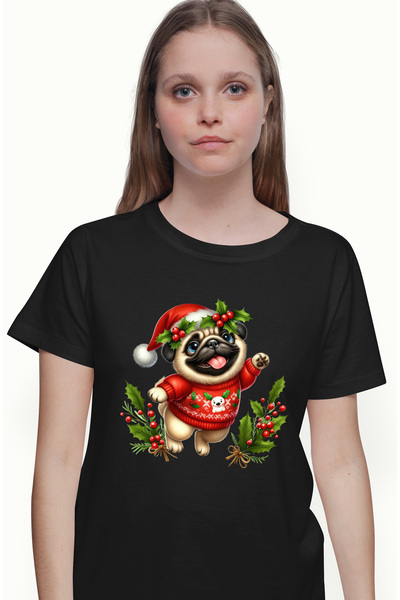StoryGift Romania Tricou Femei cu un catel Pug care poarta o caciula de Craci...
