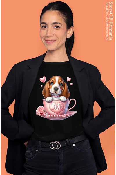 StoryGift Romania Women's T-shirt with a puppy with long ears, illustration, sitting in a cup, happy BLK_XS