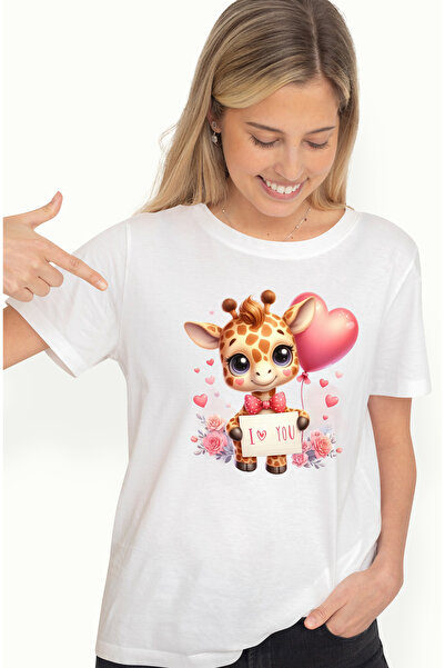 StoryGift Romania Tricou Femei cu un pui de girafa cu mesajul "I love you", i...
