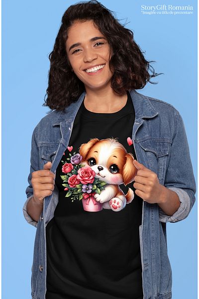 StoryGift Romania Tricou Femei Cu Un Catelus Vesel Si Imbujorat Care Are Un Ghiveci Cu Trandafiri, Blk_l