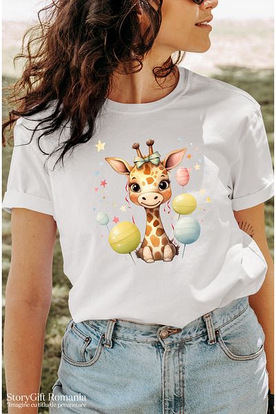 StoryGift Romania Tricou Femei Cu O Girafa Putin Timida, Ilustratie, Stelute, Baloane Colorate, An Wht_l