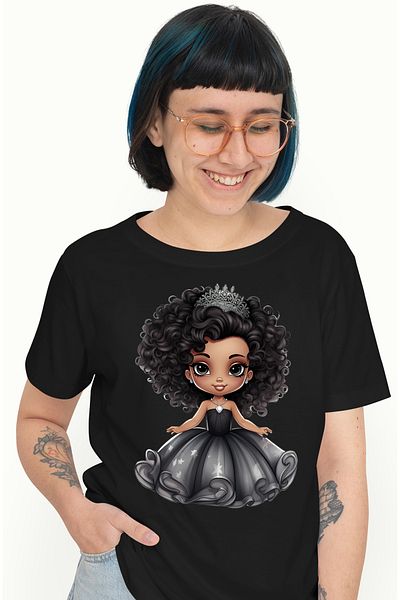 StoryGift Romania Tricou Femei cu o fetita de culoare, ilustratie, coronita, rochie, vesela, bucur BLK_L