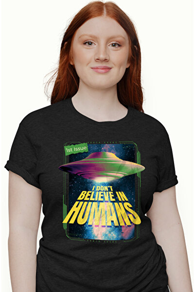 StoryGift Romania Tricou Femei Cu Nava Spatiala, Text I Don't Belive In Human...