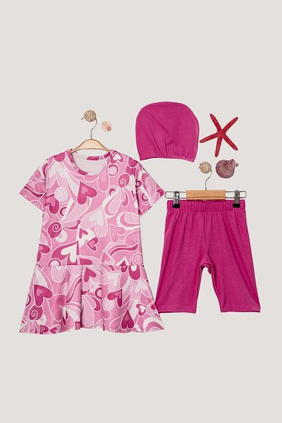 Minipodyum Girl's Flounce Skirted Heart Patterned Bonnet Three-Piece Swimsuit Set
