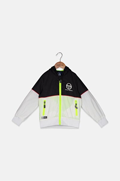 Sergio Tacchini جاكيت بغطاء رأس رأس للأولاد الصغار، أسود وأبيض وأخضر ليموني