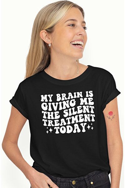 StoryGift Romania Tricou Femei cu stelute si mesaj in engleza "My brain is giving me the silent tr BLK_XS
