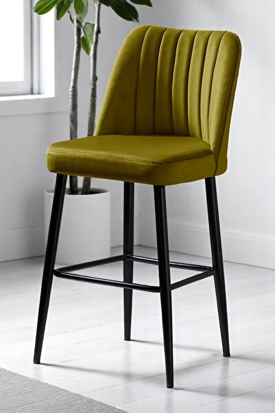 MYMASSA Ada Bar Sandalye - Babyface Sarı Kumaş - Metal Siyah Ayak - Mutfak Sa...